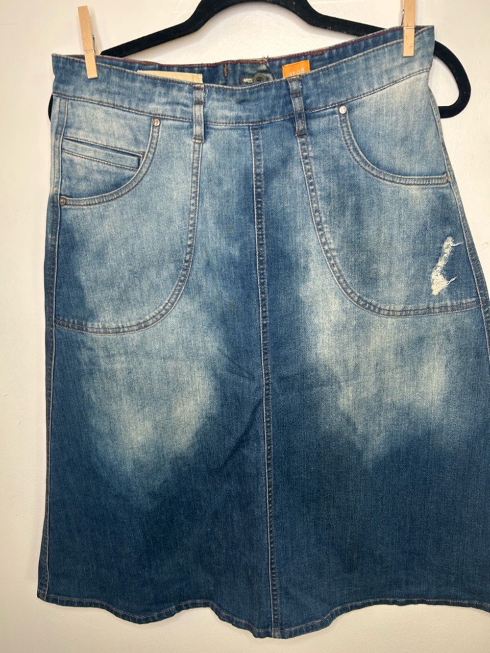 Pilcro and the Letterpress Washed Blue Denim Midi Skirt